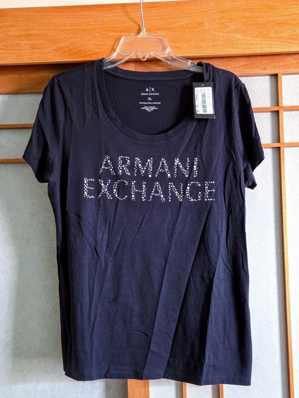 A|X Armani Exchange sz L/XL Cotton Embellished T-shirt Top Navy Sparkle Design